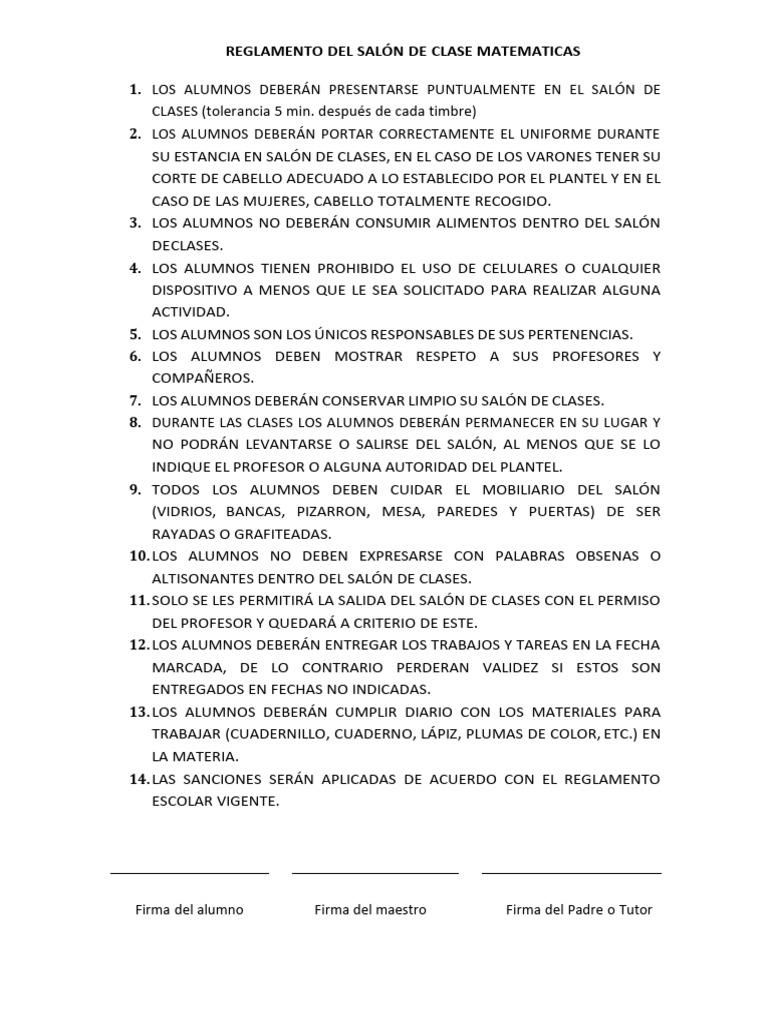 Reglamento de La Clase de Mate 1-2-3 | PDF