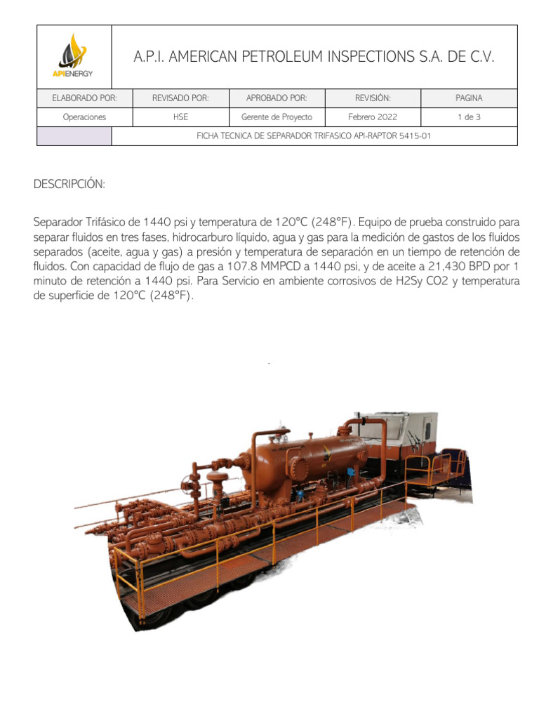 Ficha Técnica Separador API-Raptor 5415-01 | PDF | Presión | Gases
