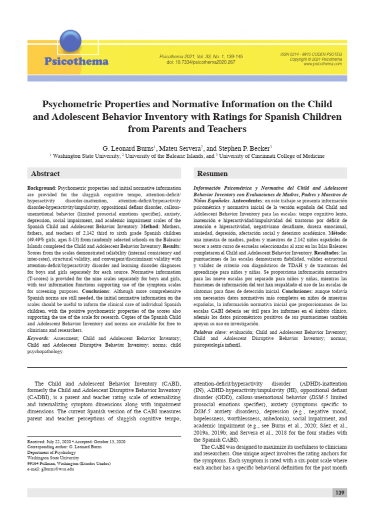 Psychometric Properties and Normative | PDF | Attention Deficit ...