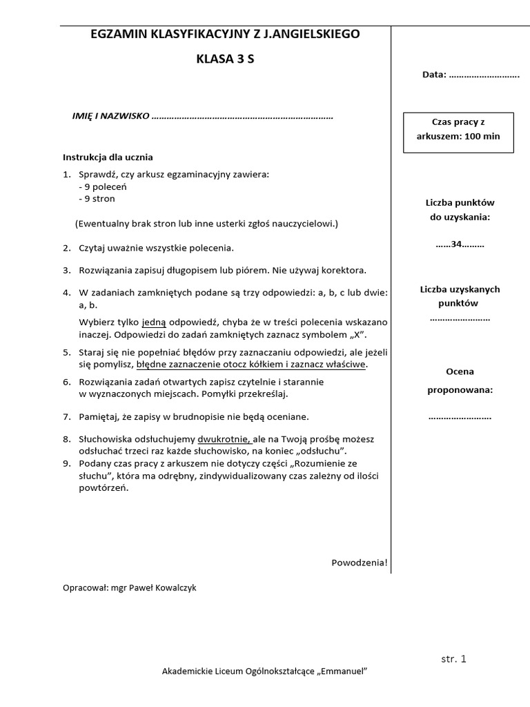 3 N - Egzamin Przykładowy | PDF