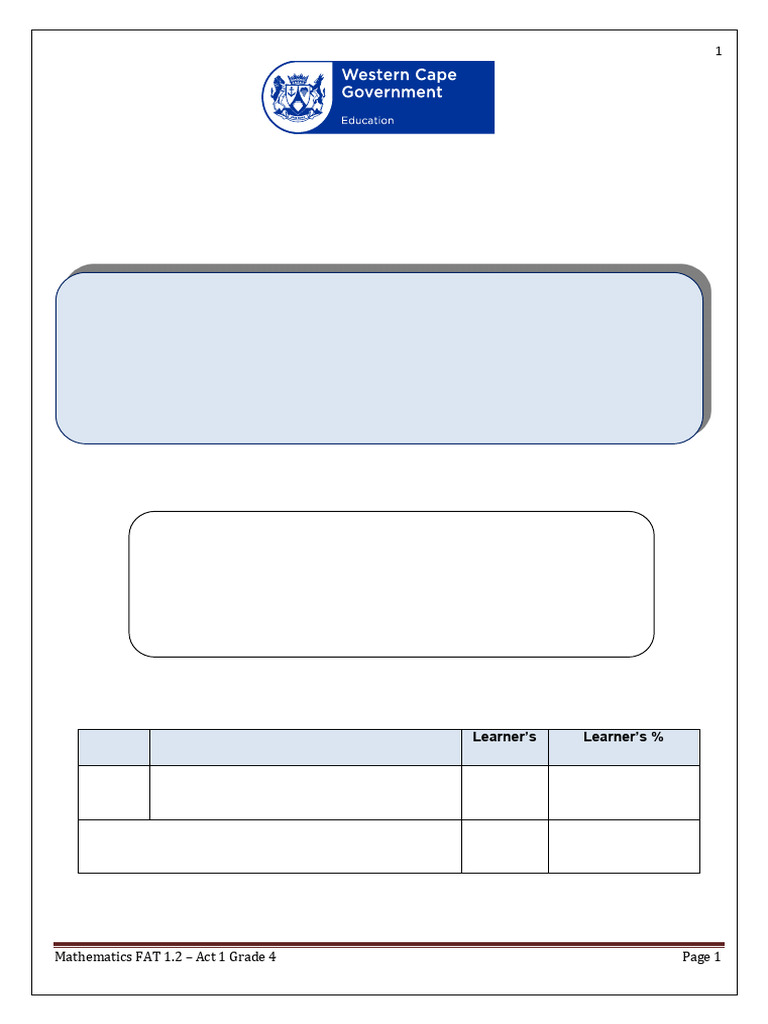 Grade 4 Mathematics Fat 1 2 Test Activity 1 BG | PDF | Numbers ...