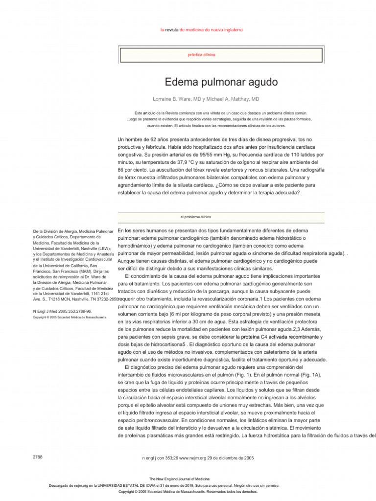 Acute Pulmonary Edema NEJM Esp | PDF | Insuficiencia cardíaca | Edema