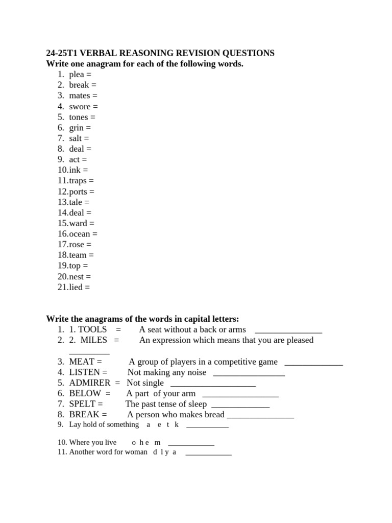Verbal Reasoning Revision Questions | PDF | Alphabet | Consonant