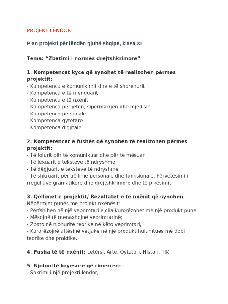 Projekt Lëndor Klasa e Xi 2021 Edhe Projekti Në Fjalë | PDF