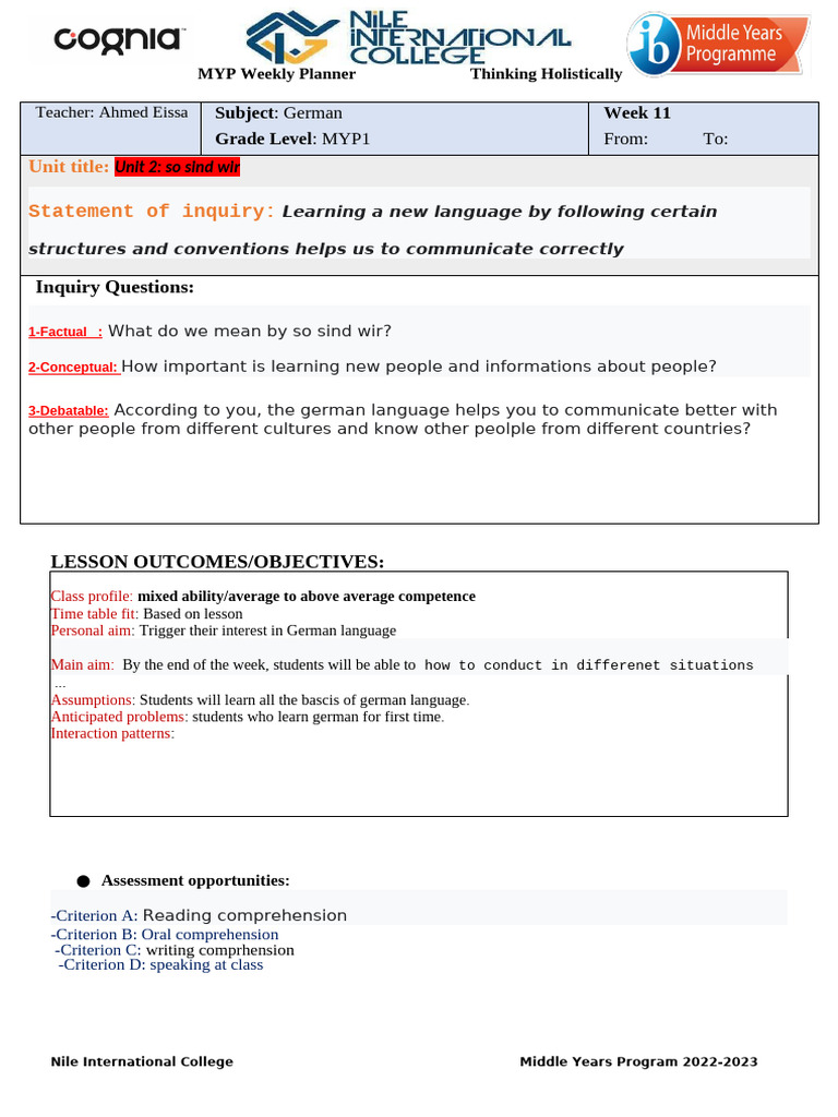 MYP1 German Language Weekly Plan | PDF | Lesson Plan | Reading ...