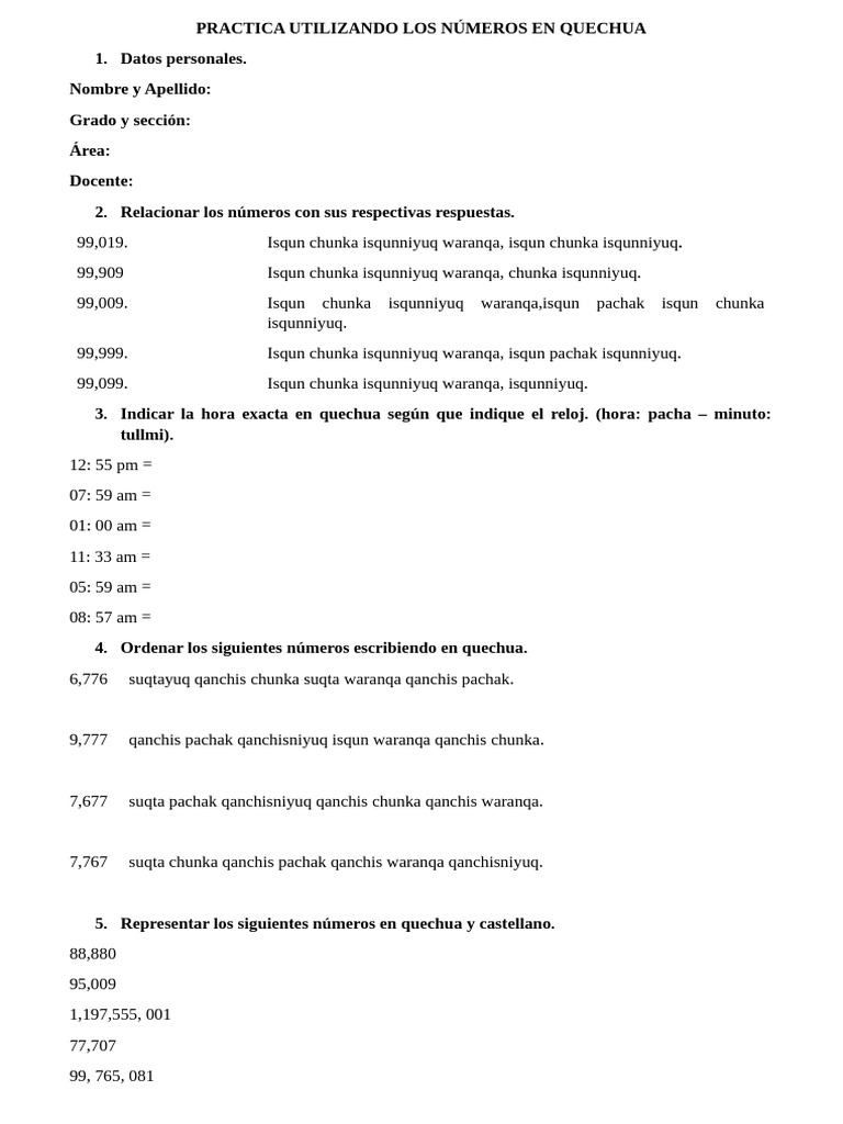 Practica Utilizando Los Números en Quechua | PDF