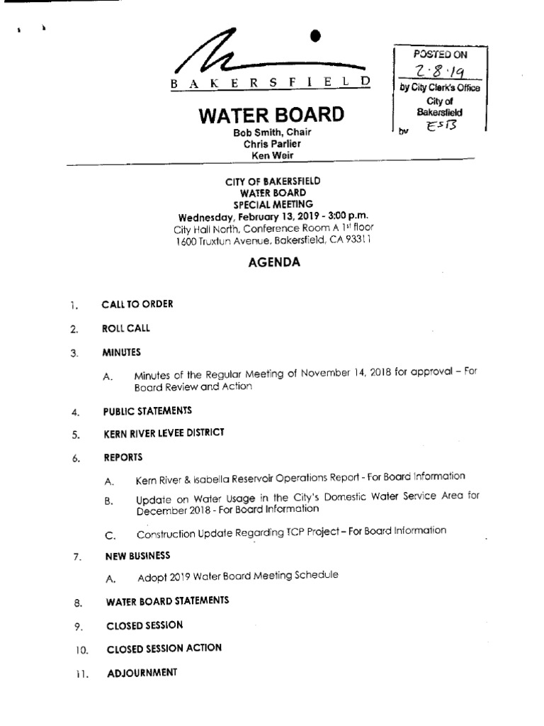 Bakersfield Water Board Meeting Agenda | PDF