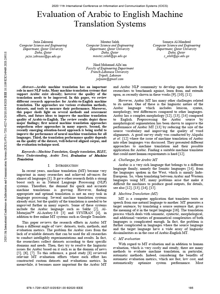 Evaluation of Arabic To English Machine Translation Systems | PDF ...