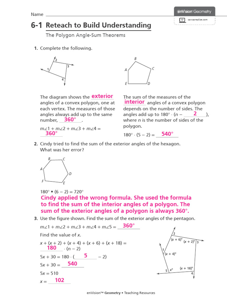 6-1 Polygon Angle-Sum Theorems Reteach | PDF