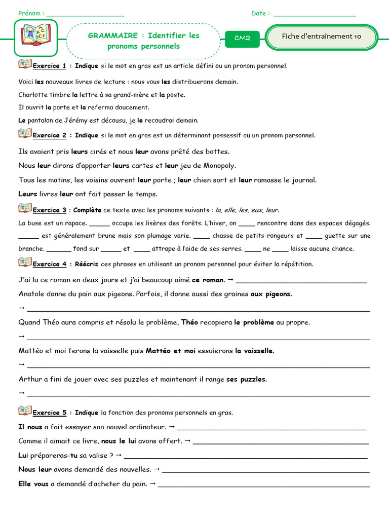 Exercices sur les pronoms personnels CM2 | PDF | Complément d'objet ...