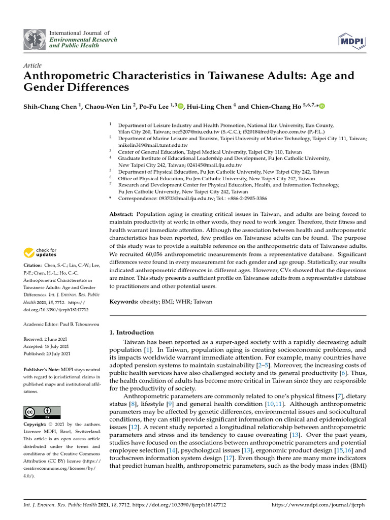 Anthropometric Characteristics in Taiwanese Adults Age and | PDF | Body ...