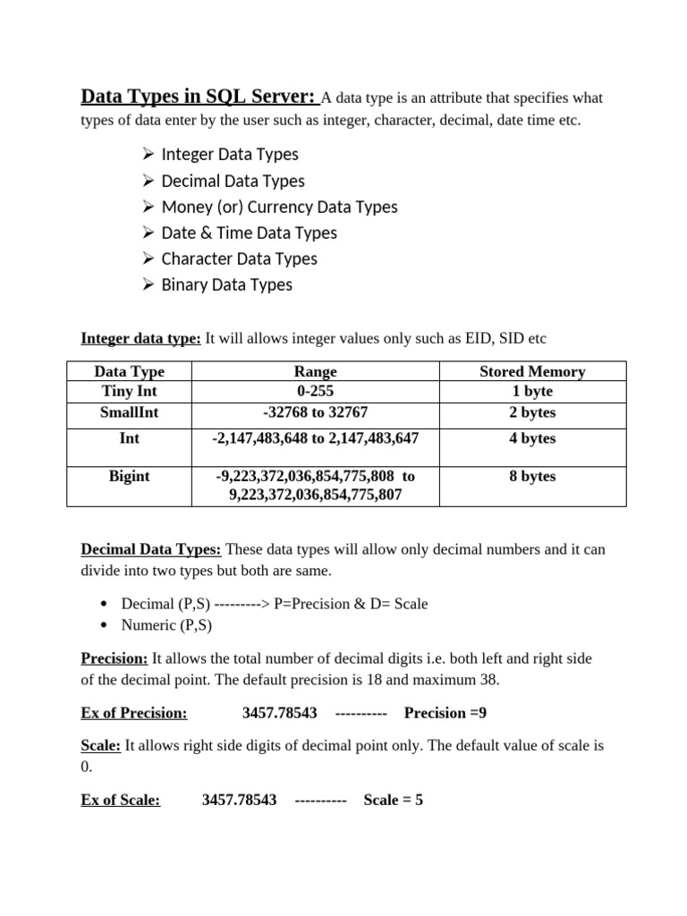 SQL Server Integer Data Types Overview | PDF | Data Type | Integer ...