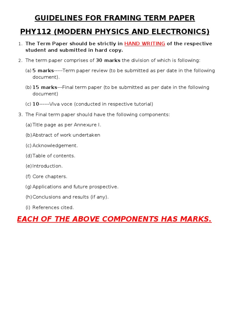 Guidelines For Framing Term Paper Phy112 (Modern Physics and ...