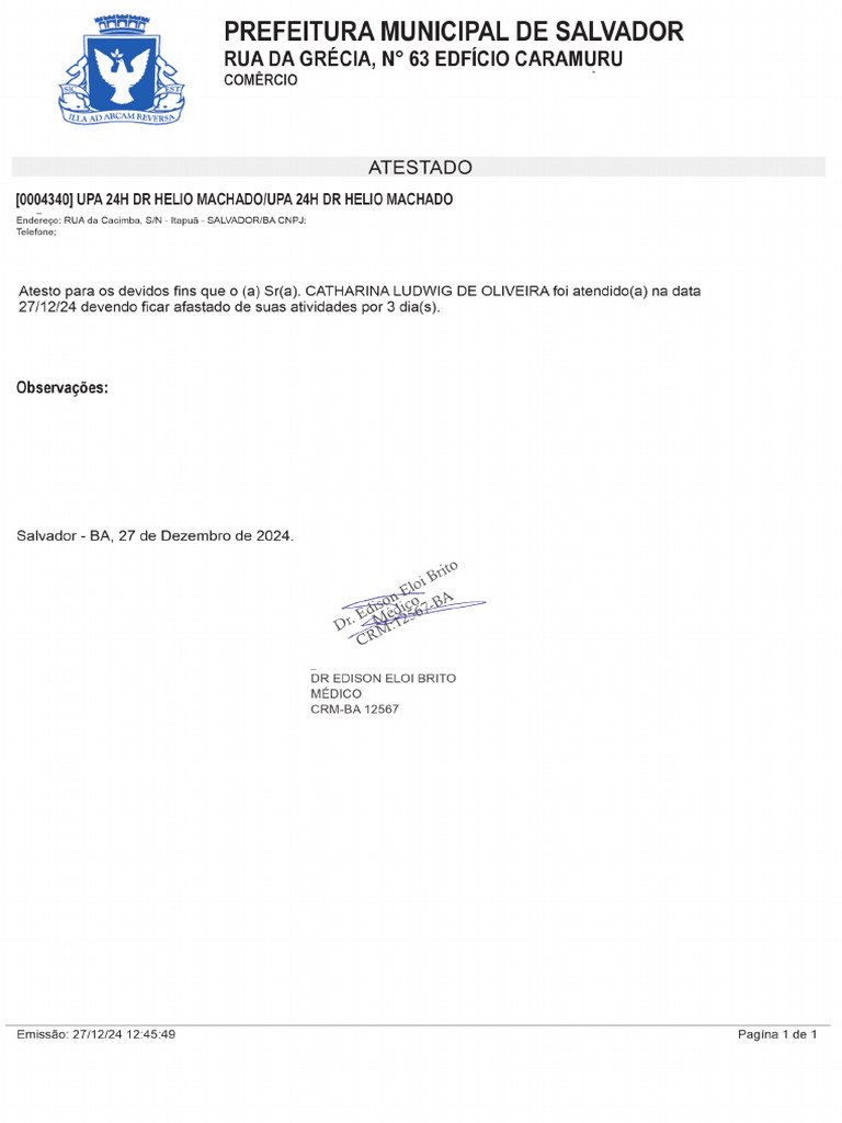 ATESTADO ITAPUÃ 3 DIAS | PDF