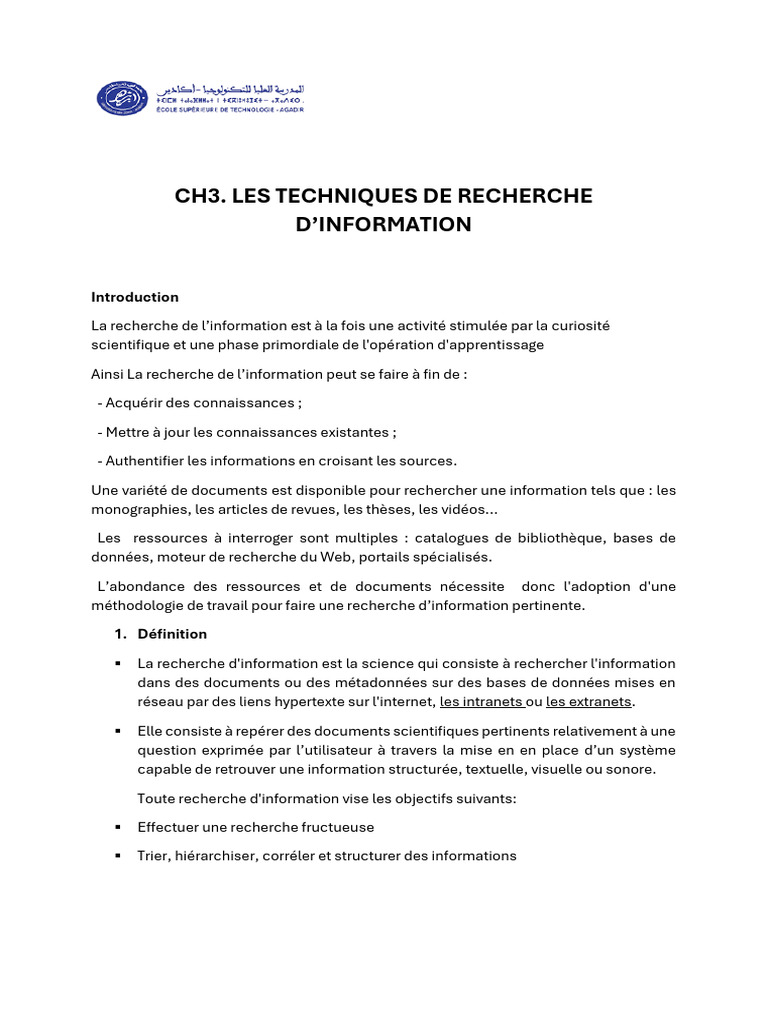 Ch3. Les Techniques de Recherche: D'Information | PDF | Recherche d ...