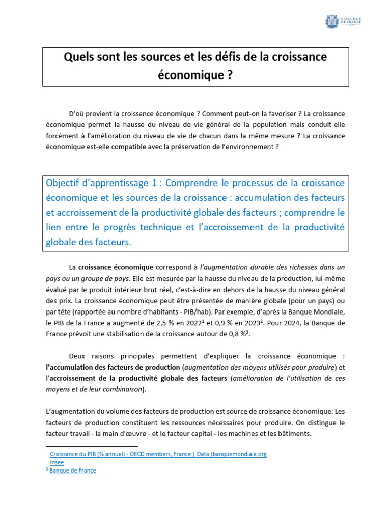 Sources et défis de la croissance économique | PDF | Croissance ...