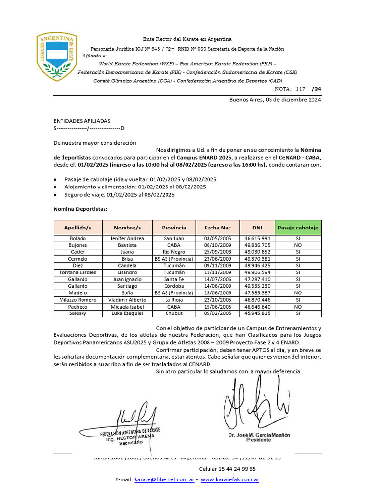 Convocatoria Campus ENARD 2025 Karate | PDF