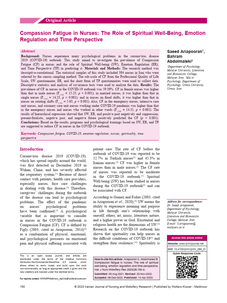 Compassion Fatigue in Nurses During COVID-19 | PDF | Psychology