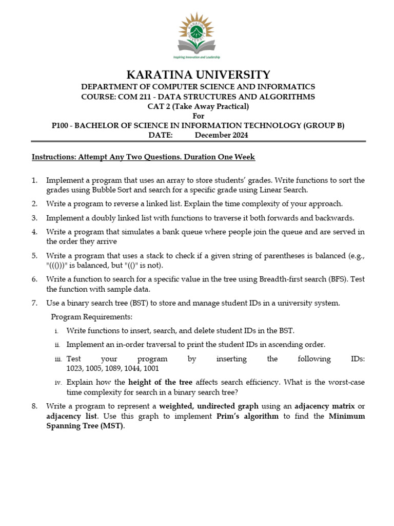 COM 211 (P100) Group B - Data Structures and Algorithm - CAT 2 | PDF