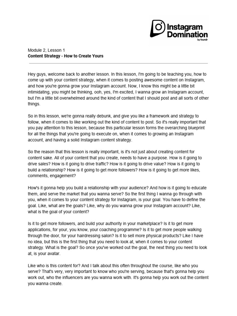 Instagram Domination-Transcript+ +M2L1+Content+Strategy+ +How+to+Create ...