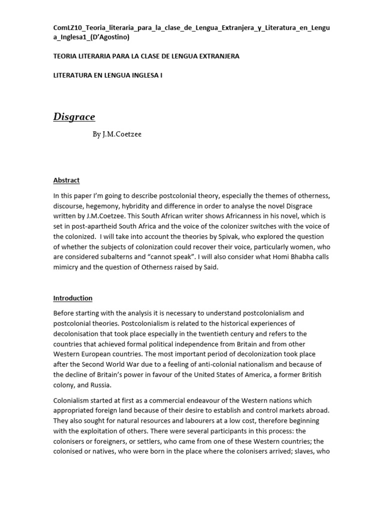 Postcolonial Theory in Coetzee's Disgrace | PDF | Postcolonialism ...