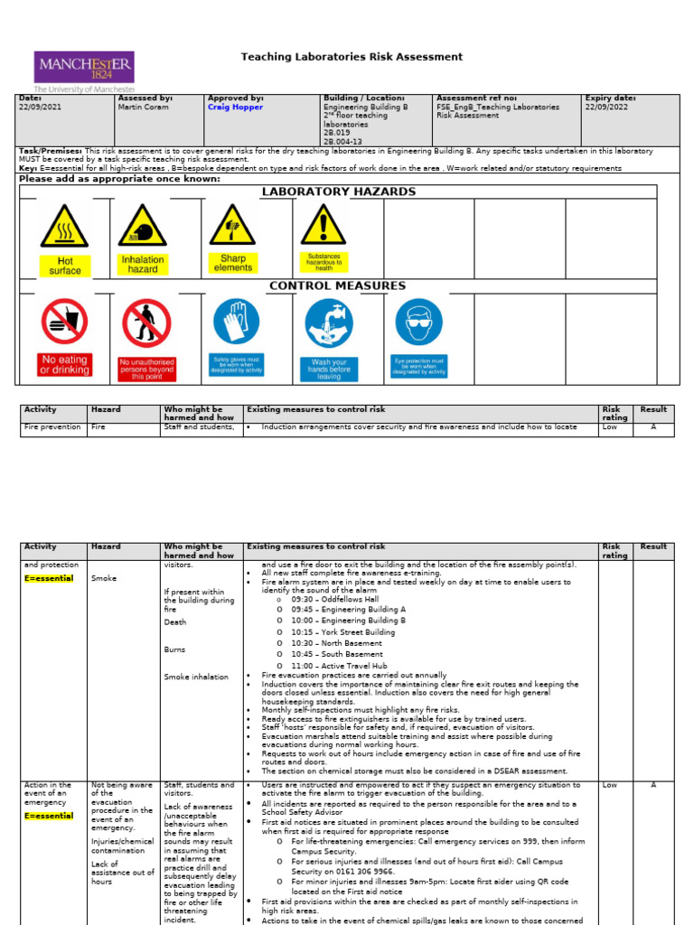 Teaching Laboratories Risk Assessment Guide | PDF | Waste | Emergency ...