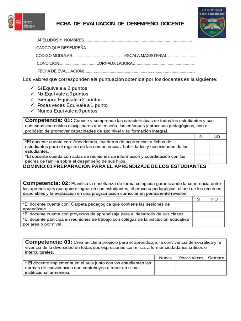 Ficha de Evaluación Docente | PDF | Maestros | Evaluación