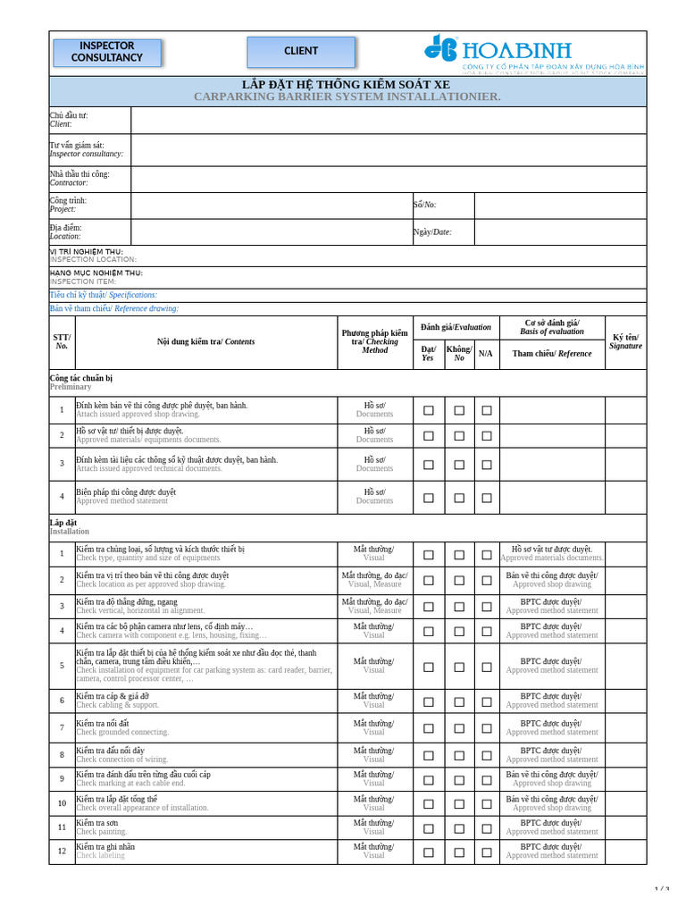 CHK.2-111200.HBC.MEP.CHECKLIST.E.LAP DAT HE THONG KIEM SOAT XE | PDF