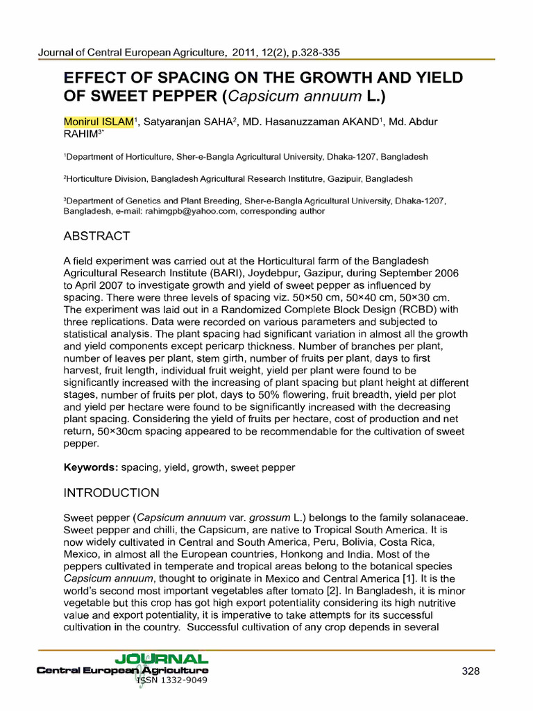 EFFECT OF SPACING ON THE GROWTH AND YIELDOF SWEET PEPPER (Capsicum ...