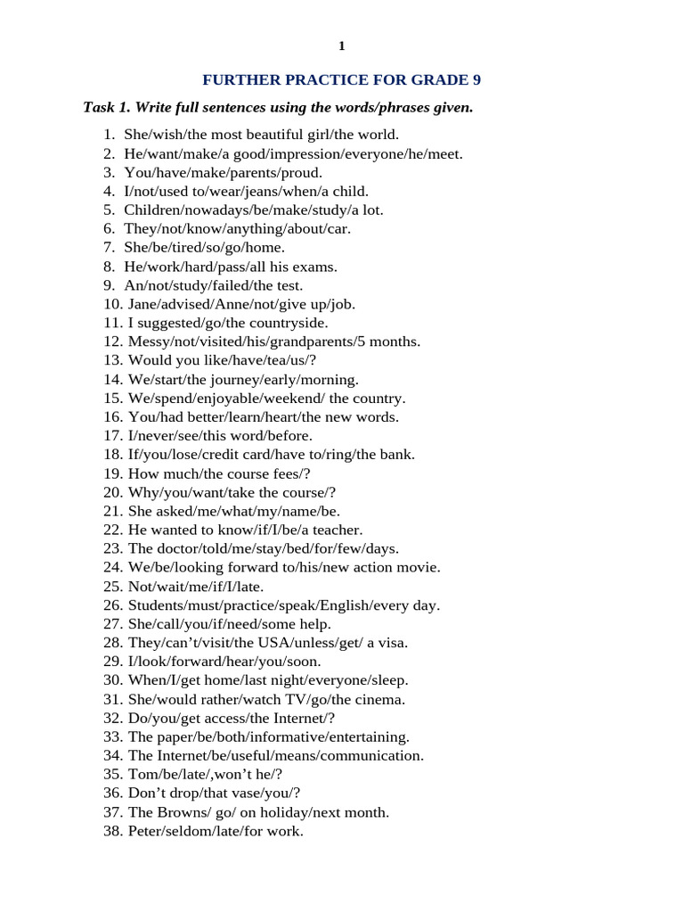 Sentence Writing Practice for Grade 9 | PDF