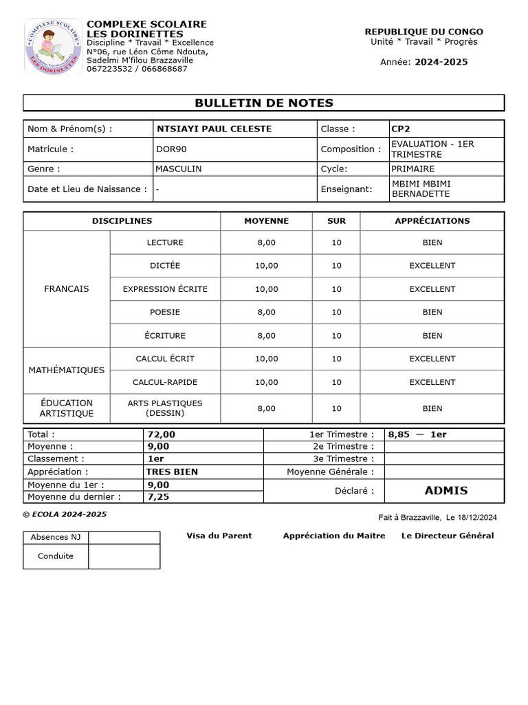 Bulletin de Notes CP2 2024-2025 | PDF | Arts | Arts plastiques
