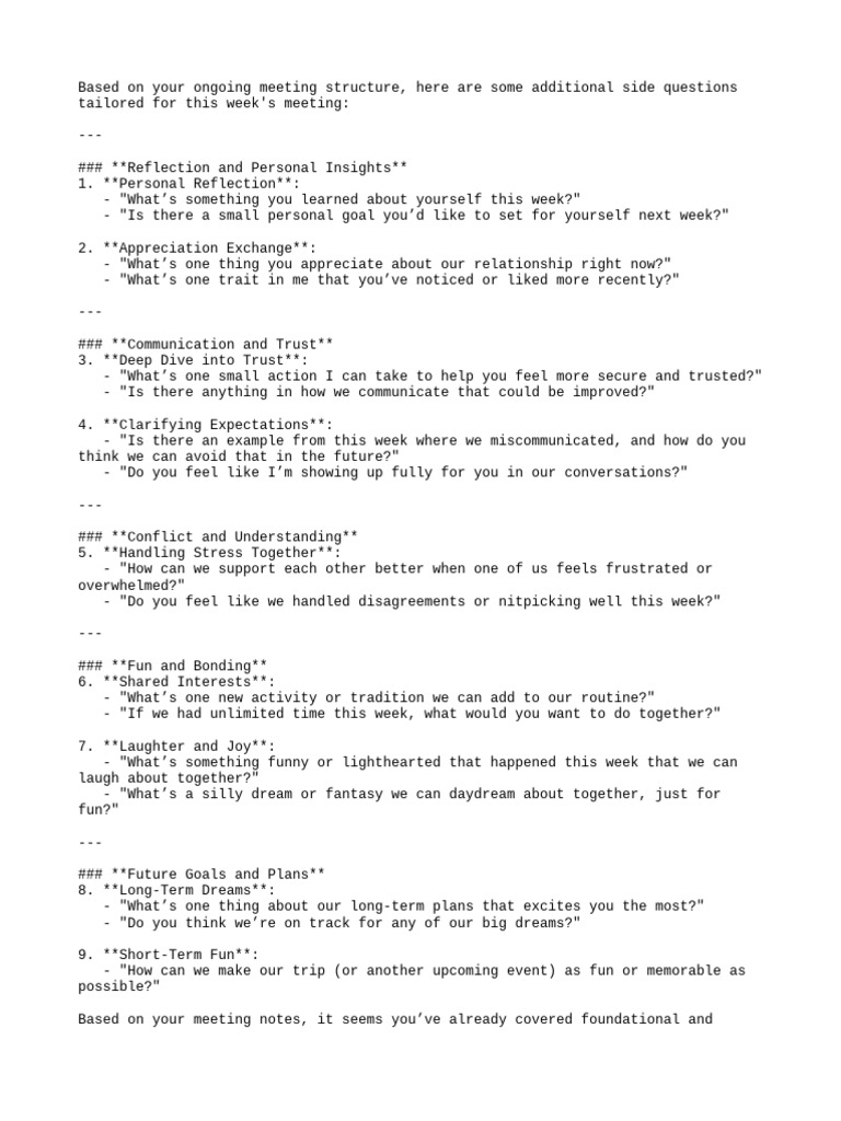 Engaging Questions for Relationship Meetings | PDF | Cognition ...