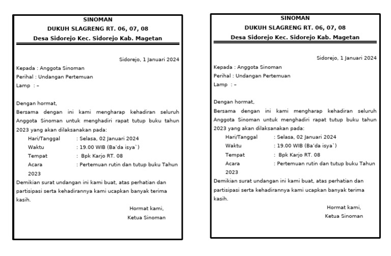 Undangan Rapat Sinoman 2024 | PDF