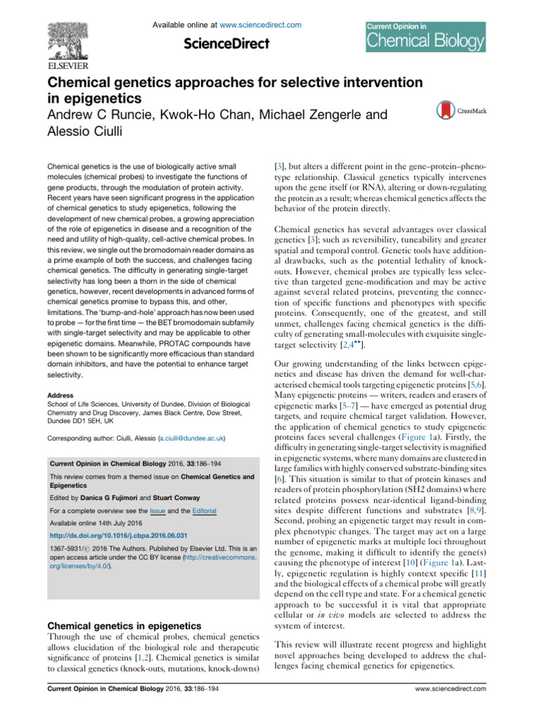 Chemical Genetics Approaches For Selective Intervention in Epigenetics ...