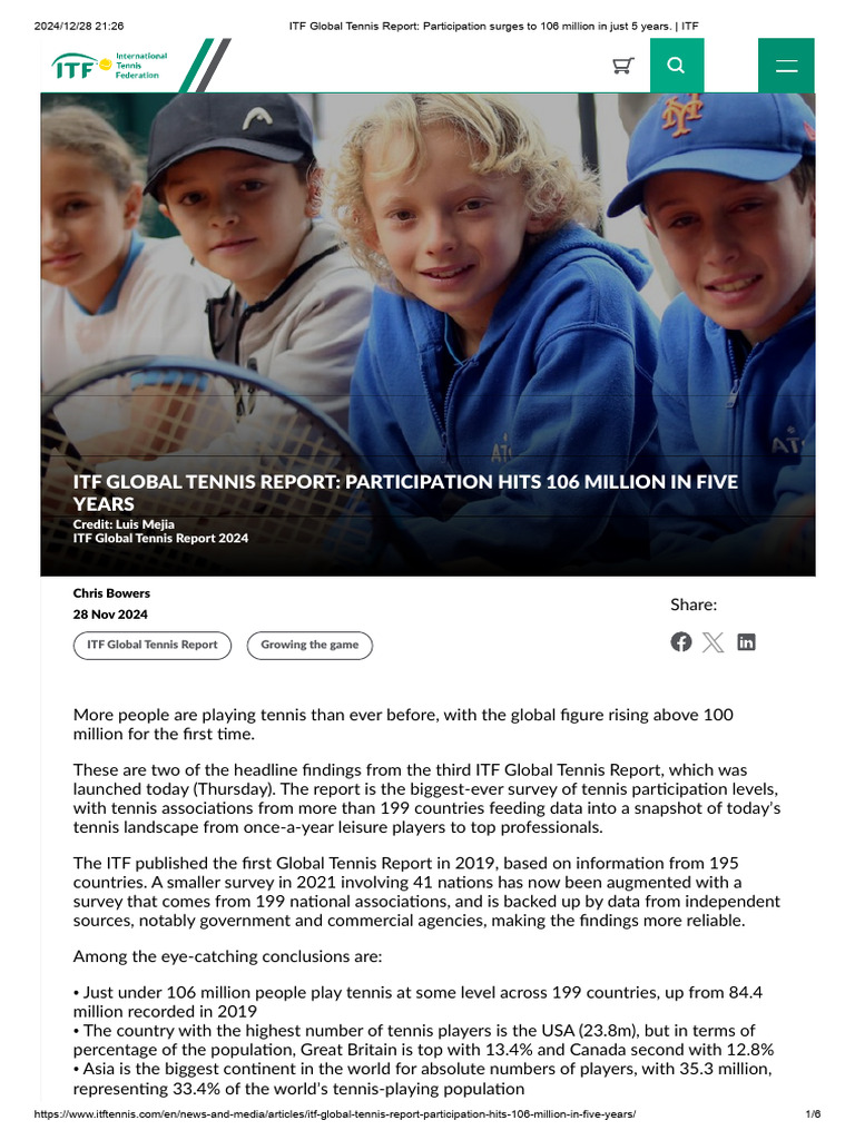 ITF Global Tennis Report - Participation Surges To 106 Million in Just ...