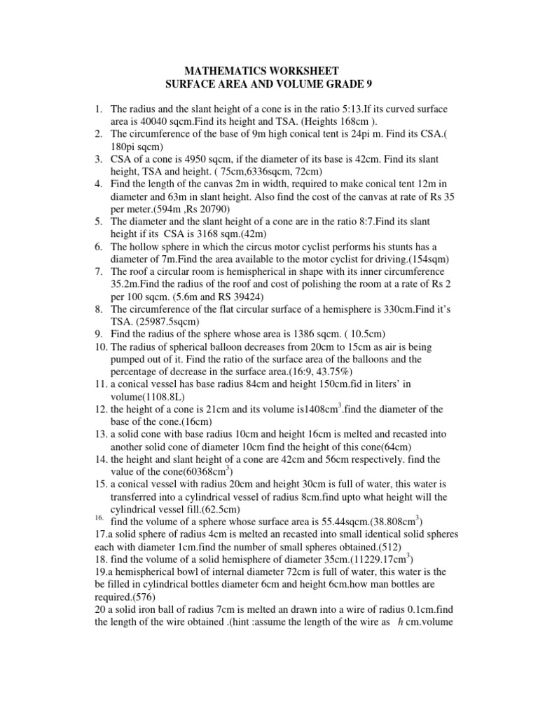 Grade 9 Surface Area & Volume | PDF | Sphere | Area