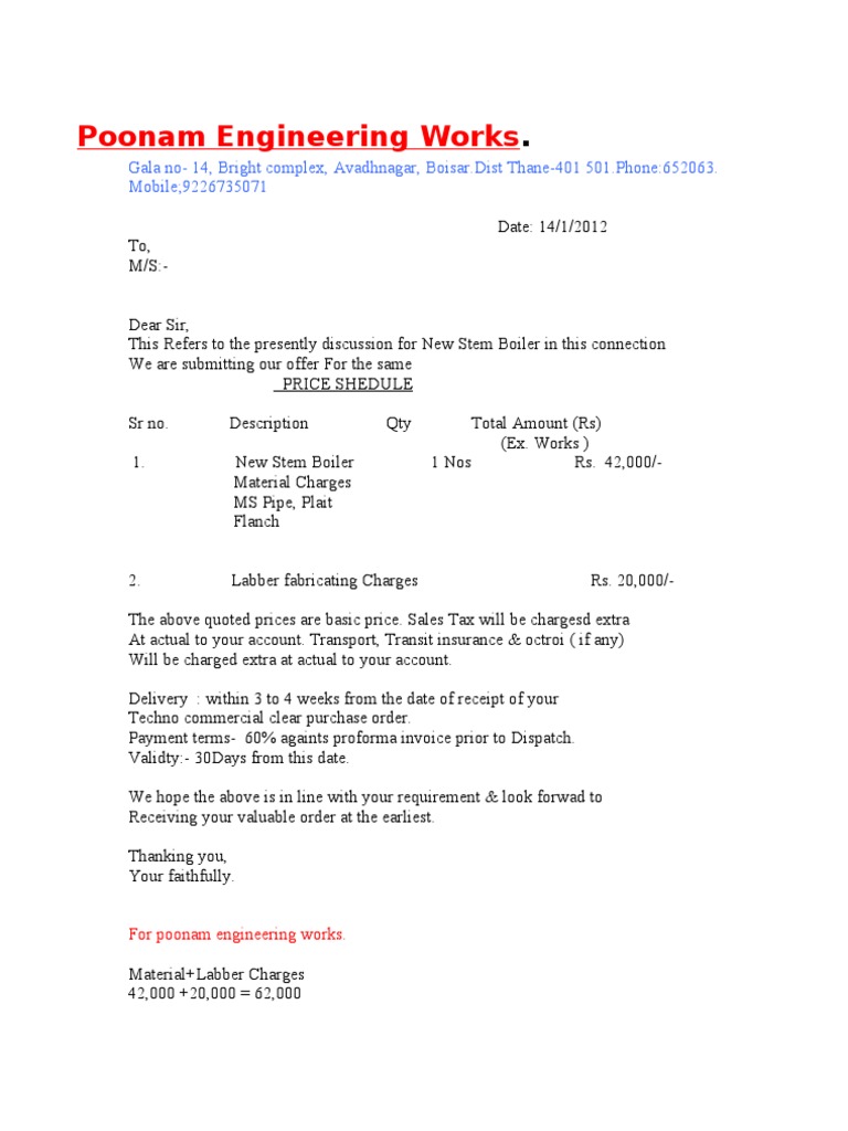 New Steam Boiler Quotation Details | PDF | Finance & Money Management