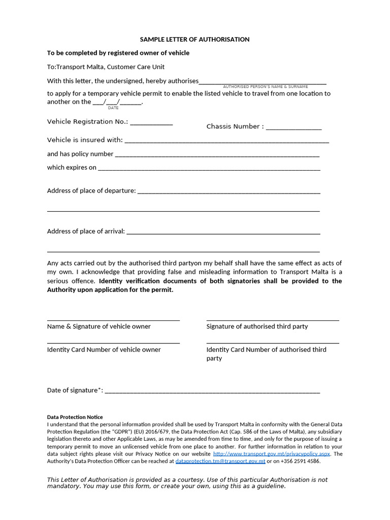 Vehicle Permit Authorisation Letter | PDF | Identity Document | Signature