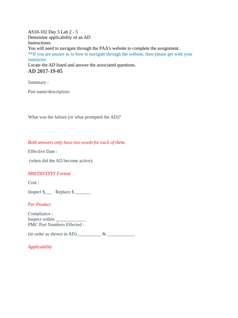FAA AD Compliance Lab Instructions | PDF