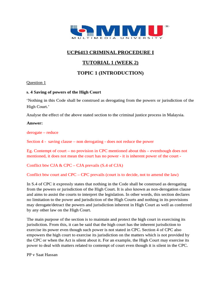 UCP6413 Tutorial 1 - Week 2 | PDF | Judgment (Law) | Criminal Procedure ...