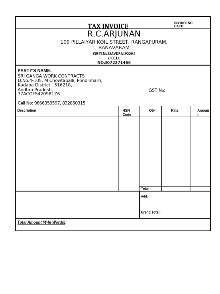 Tax Invoice For Sri Ganga Work Contracts Pdf