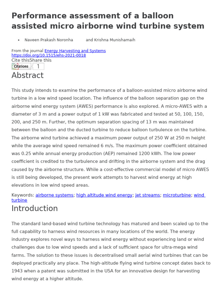 Performance assessment of a balloon assisted micro airborne wind ...