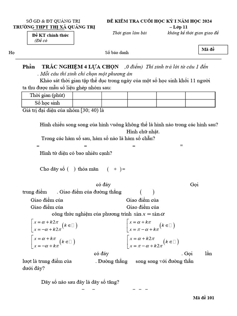 De Cuoi Hoc Ky 1 Toan 11 Nam 2024 2025 Truong THPT Thi Xa Quang Tri | PDF