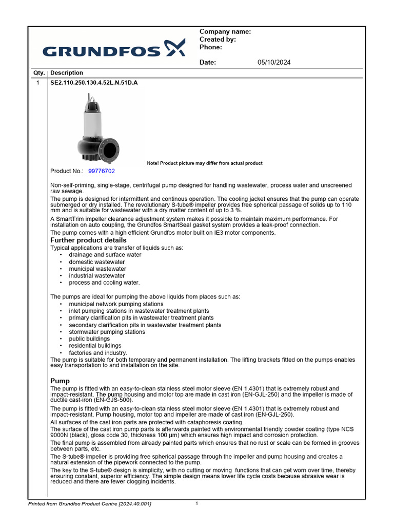 Grundfos SE2 Wastewater Pump Overview | PDF | Pump | Pumping Station