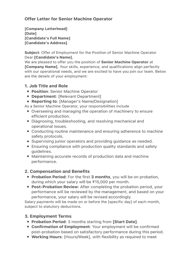 Senior Machine Operator Offer Letter | PDF | Employment | Business