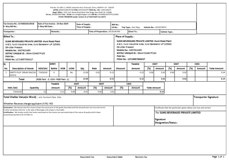 Print Stock Transfer Invoice | PDF | Payments | Taxes