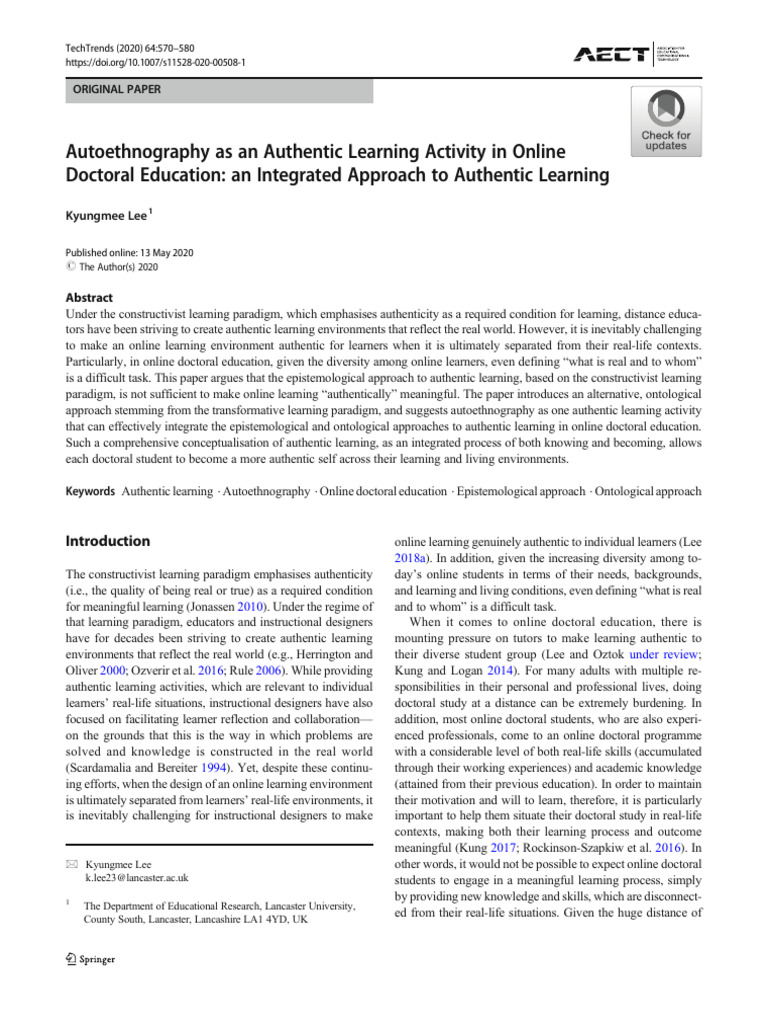 Autoethnography As An Authentic Learning Activity in Online | PDF ...