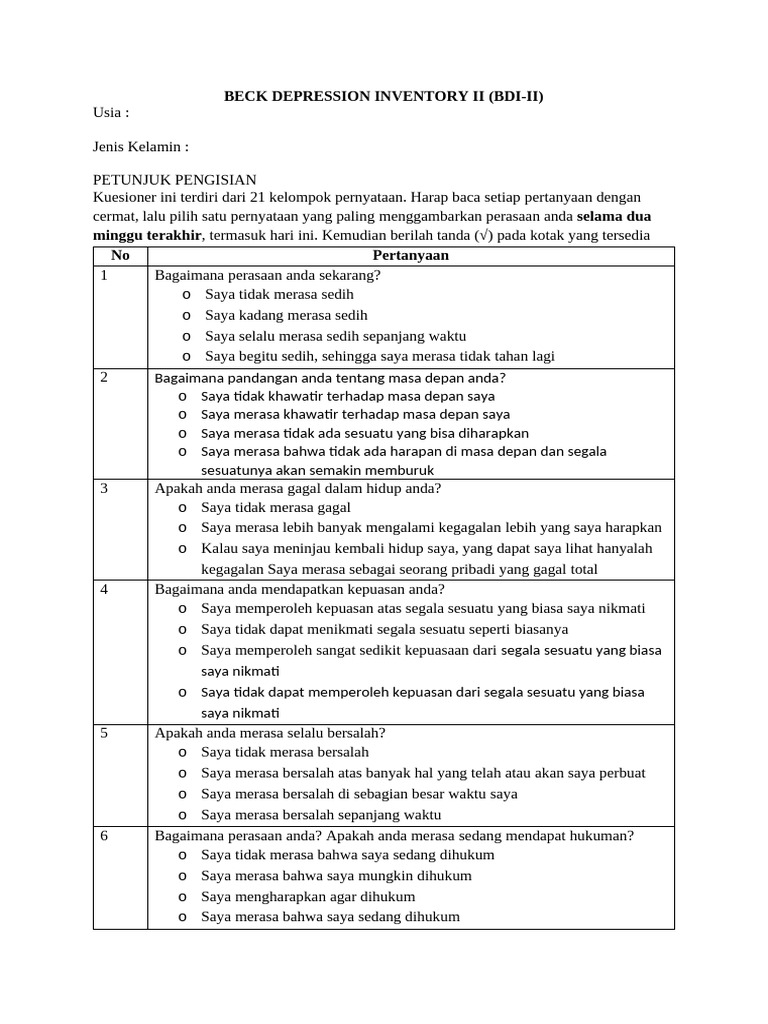 Panduan Kuesioner BDI-II | PDF
