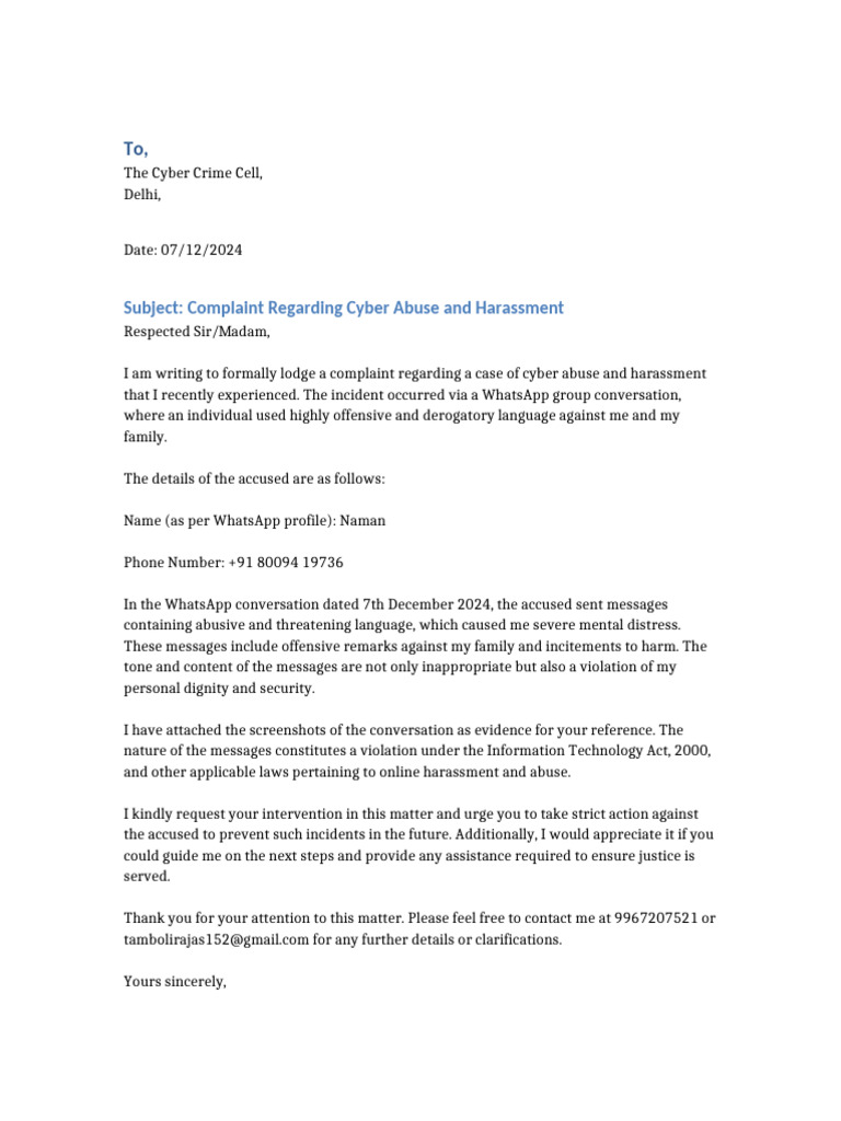 Cyber Abuse Complaint to Delhi Police | PDF