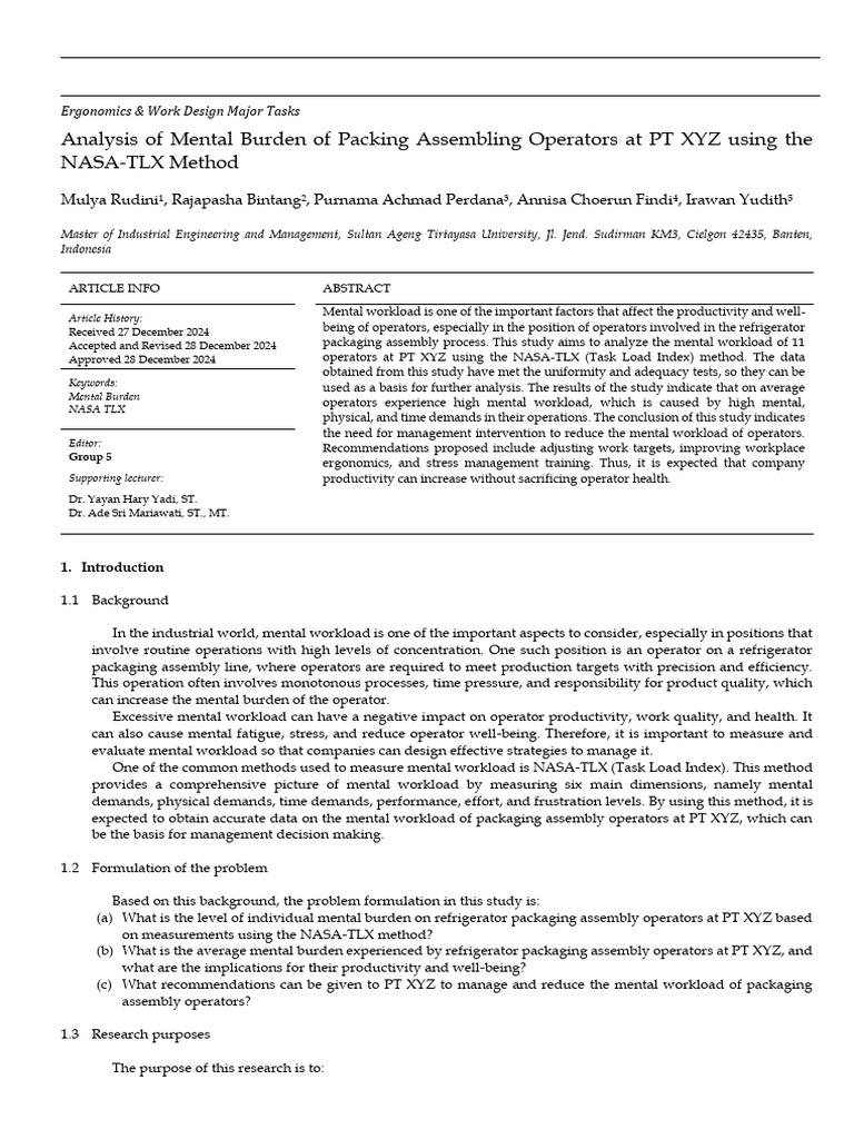 NASA-TLX Analysis of Operator Workload | PDF | Workload | Cognition